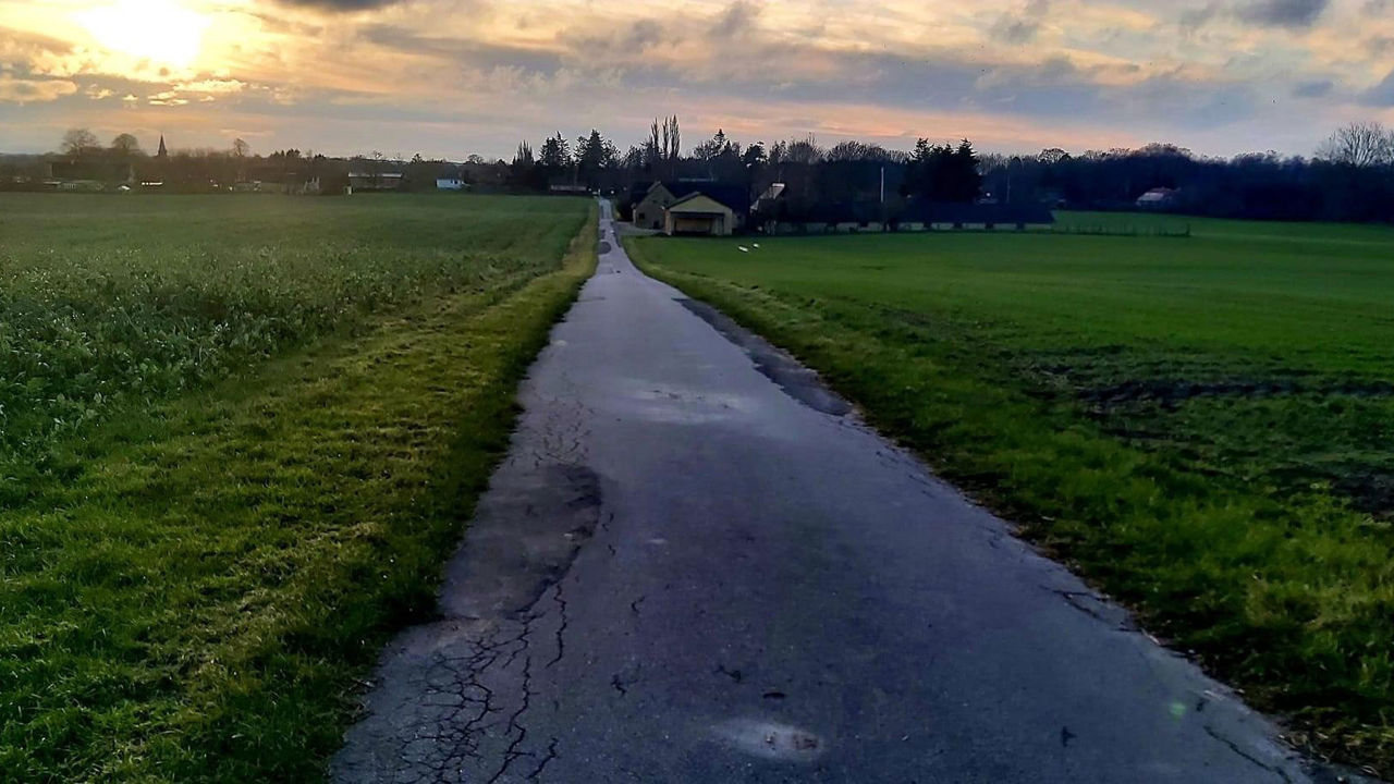 Solopgang over vej i Hjulby