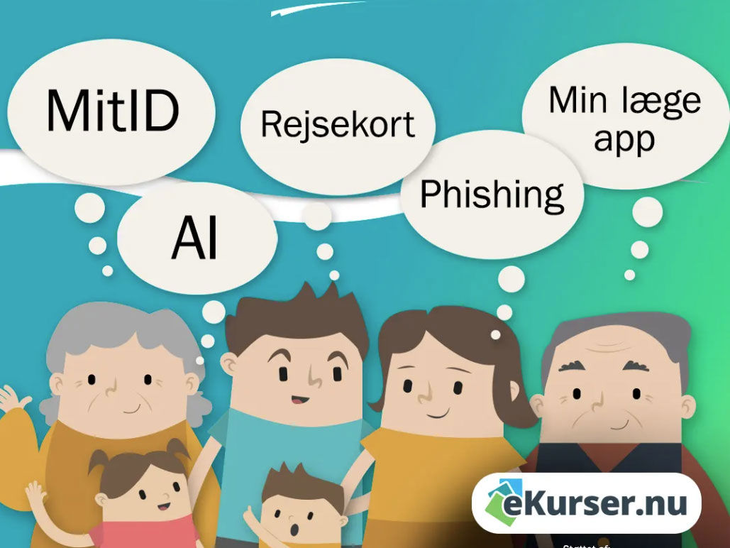 Tegning af familie med talebobler om onlinekurser