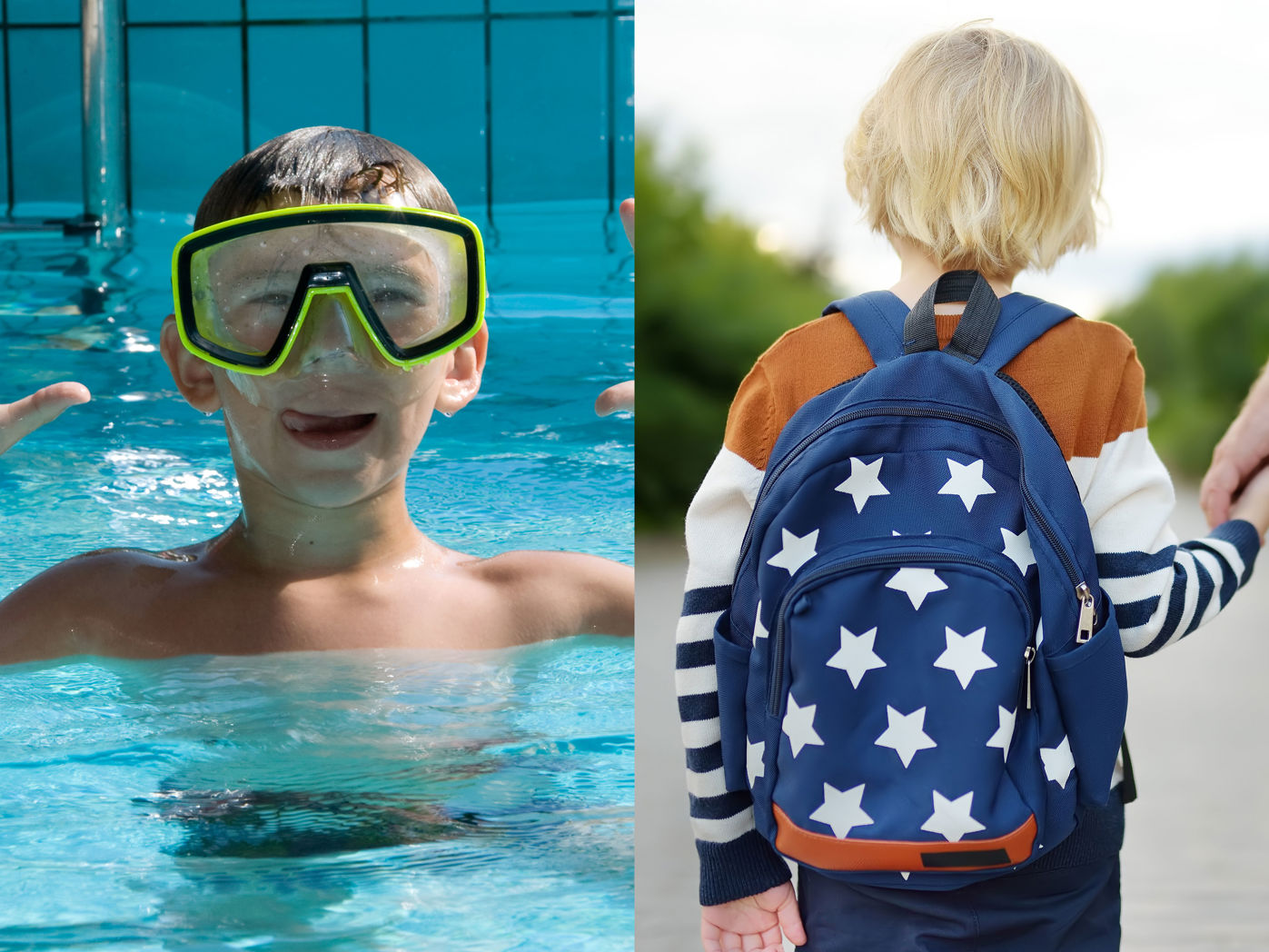 Fotocollage f et barn i en pool og et barn på vej i skole